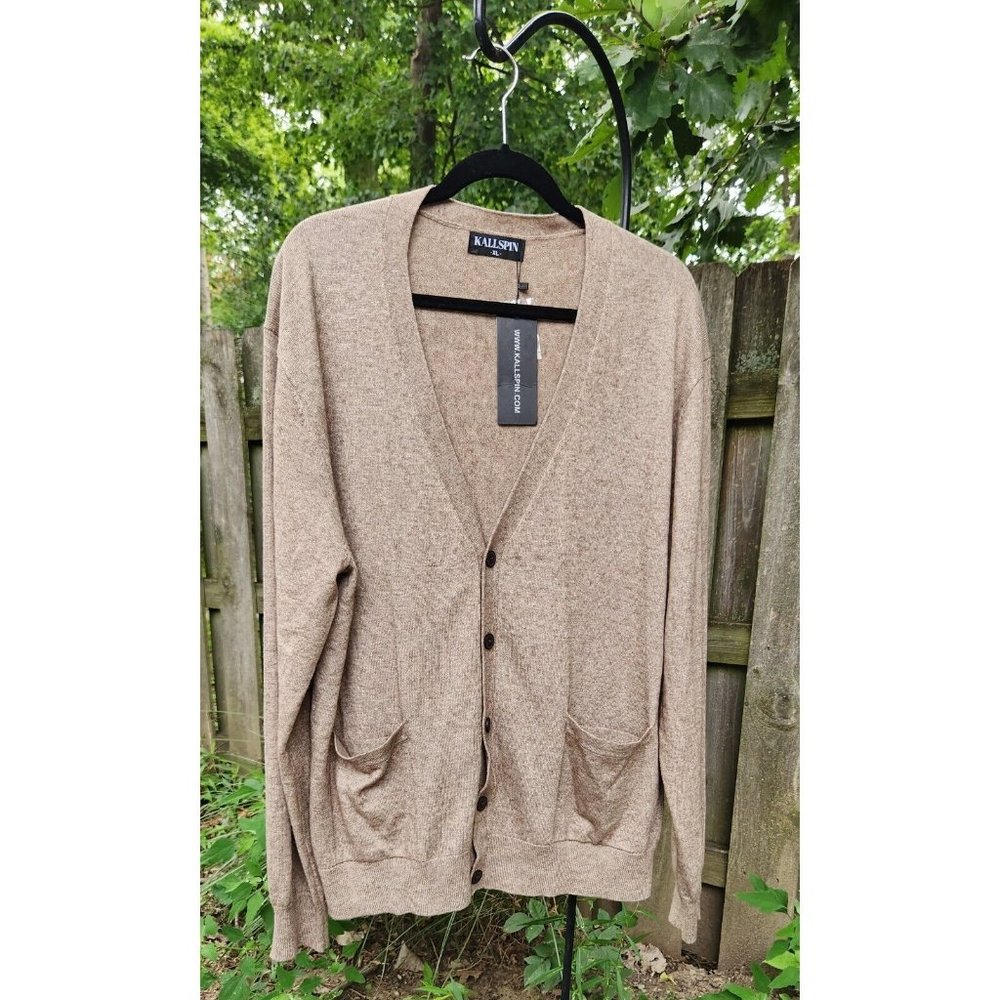 Kallspin Men’s XL Cardigan Sweater 15% Cashmere Wool Blend V Neck Buttons